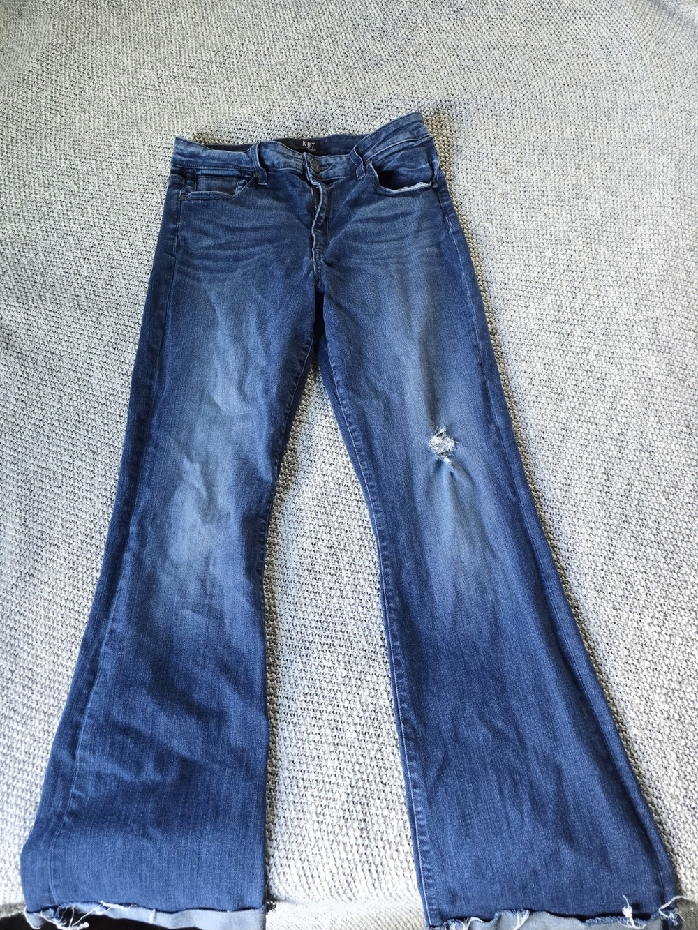 Kut from the Kloth Medium Blue Flared Jeans with Distressed Knee